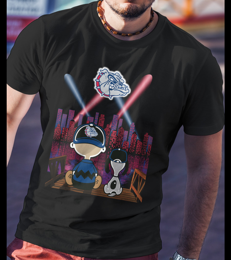 Gonzaga Bulldogs Night Cityscape With Skyline And Cartoon Characters T-Shirt
