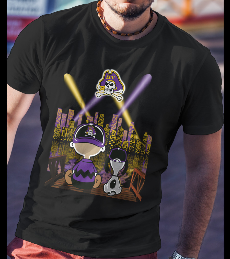 East Carolina Pirates Night Cityscape With Ecu Skull Logo And Characters T-Shirt
