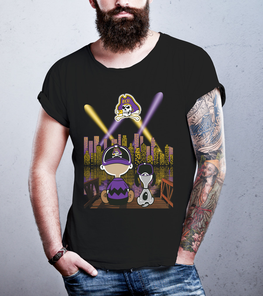 East Carolina Pirates Night Cityscape With Ecu Skull Logo And Characters T-Shirt