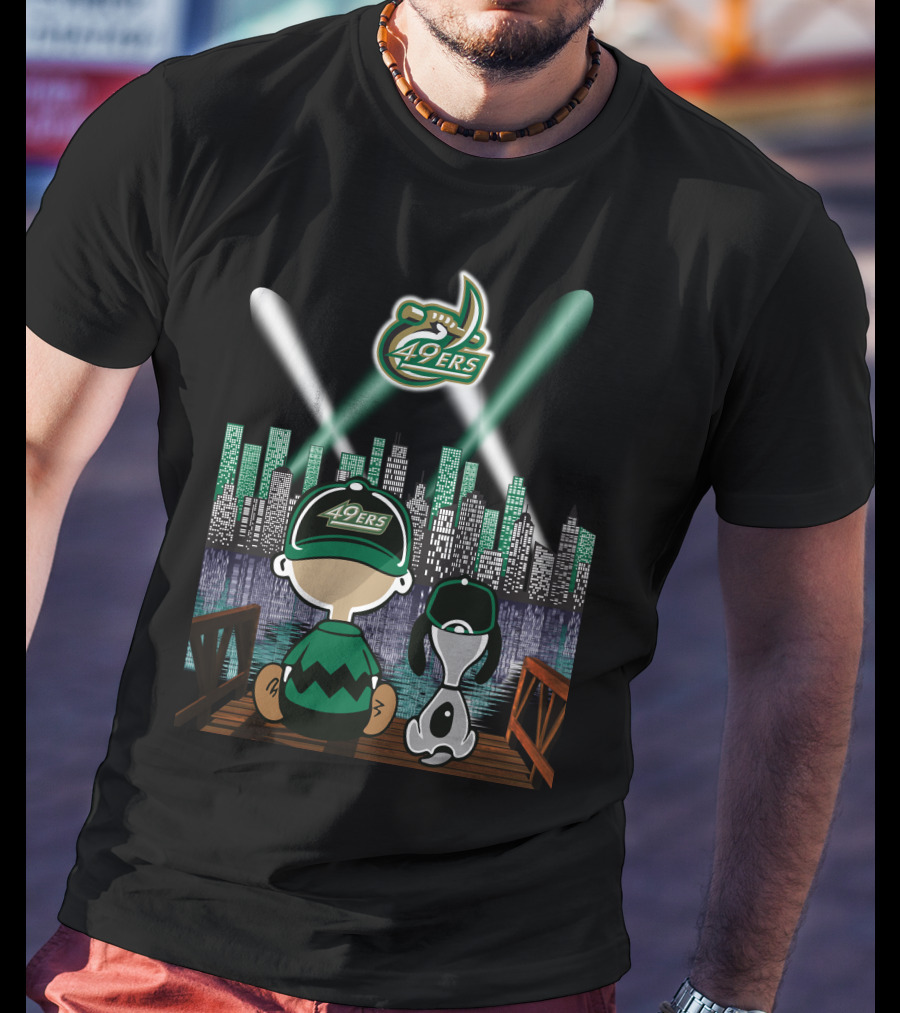 Charlotte 49ers City By Night Lights With Skyline And Characters T-Shirt