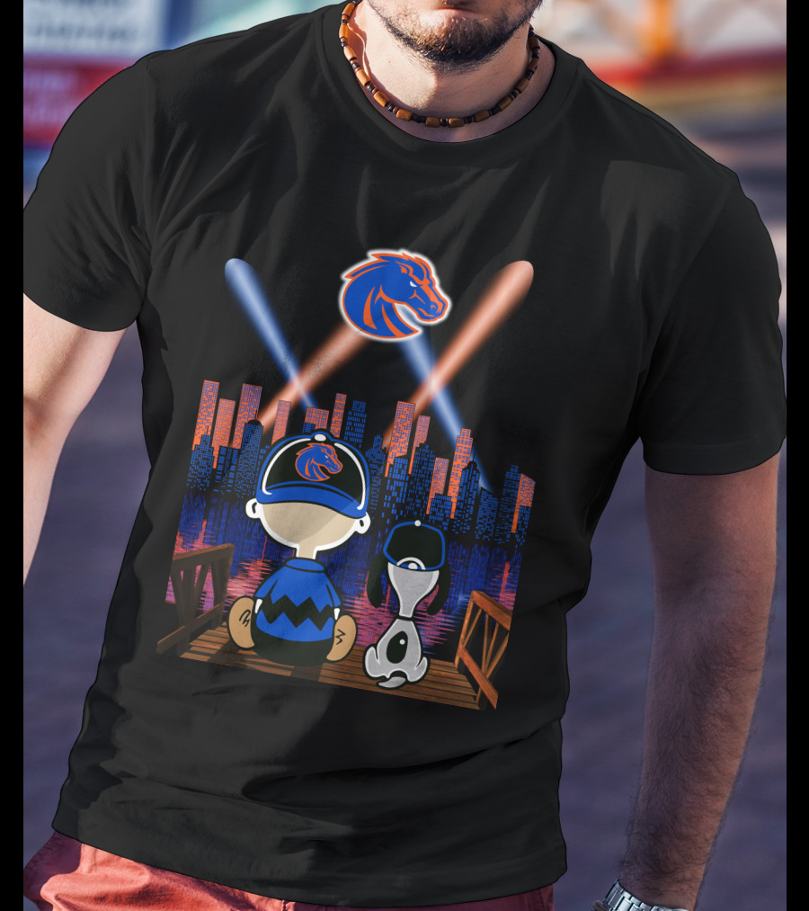 Boise State Broncos City Night Skyline With Cartoon Characters T-Shirt
