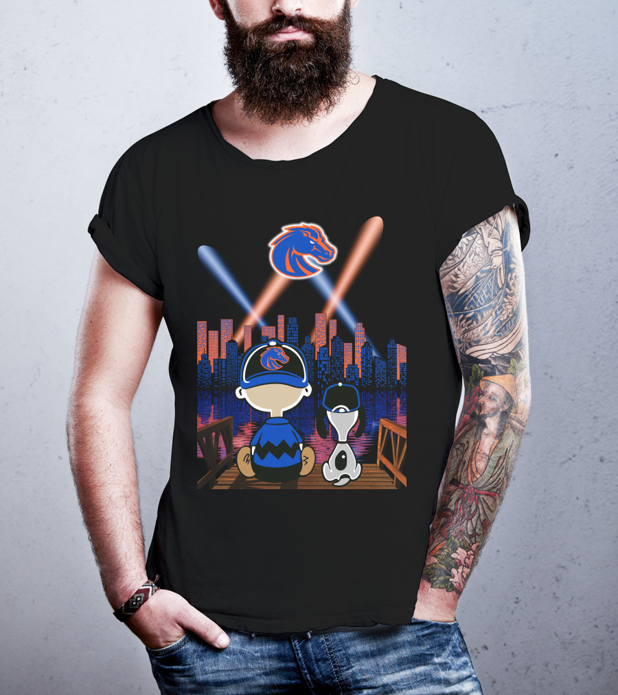 Boise State Broncos City Night Skyline With Cartoon Characters T-Shirt
