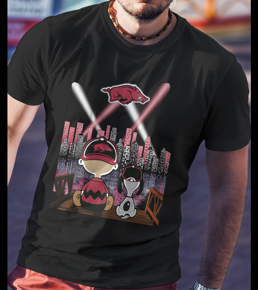 Arkansas Razorbacks '94 Skyline Night Scene With Cartoon Characters And Spotlights T-Shirt