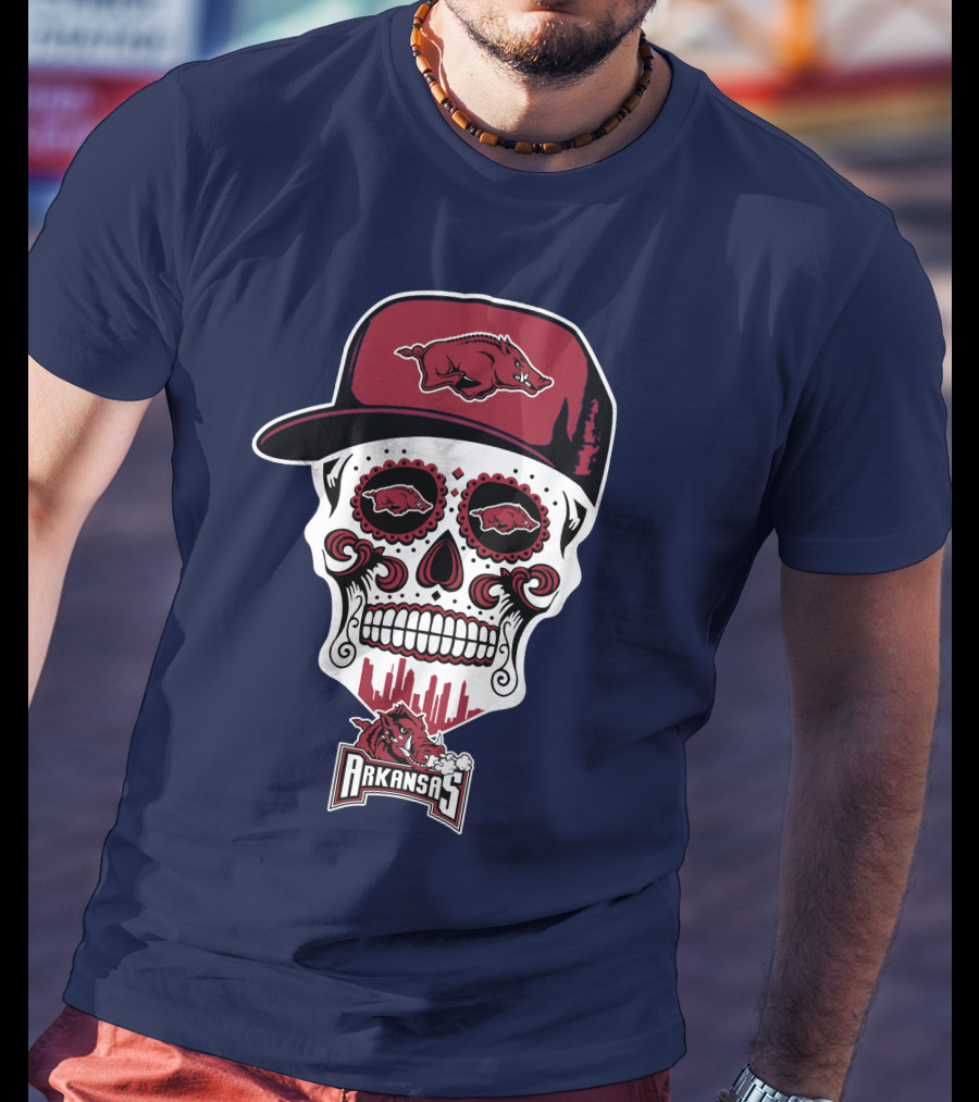 Arkansas Razorbacks Skull With Hat And Team T-Shirt