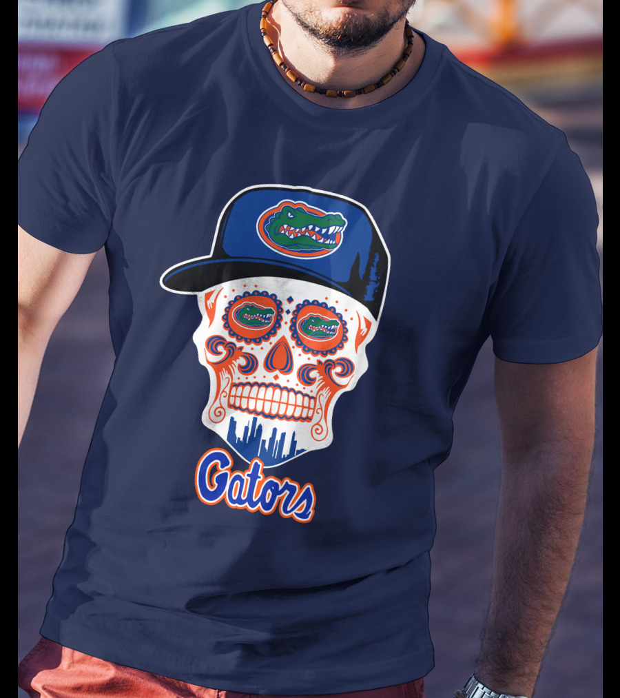 Florida Gators Skull With Alligator Logo And Hat Blue Orange T-Shirt