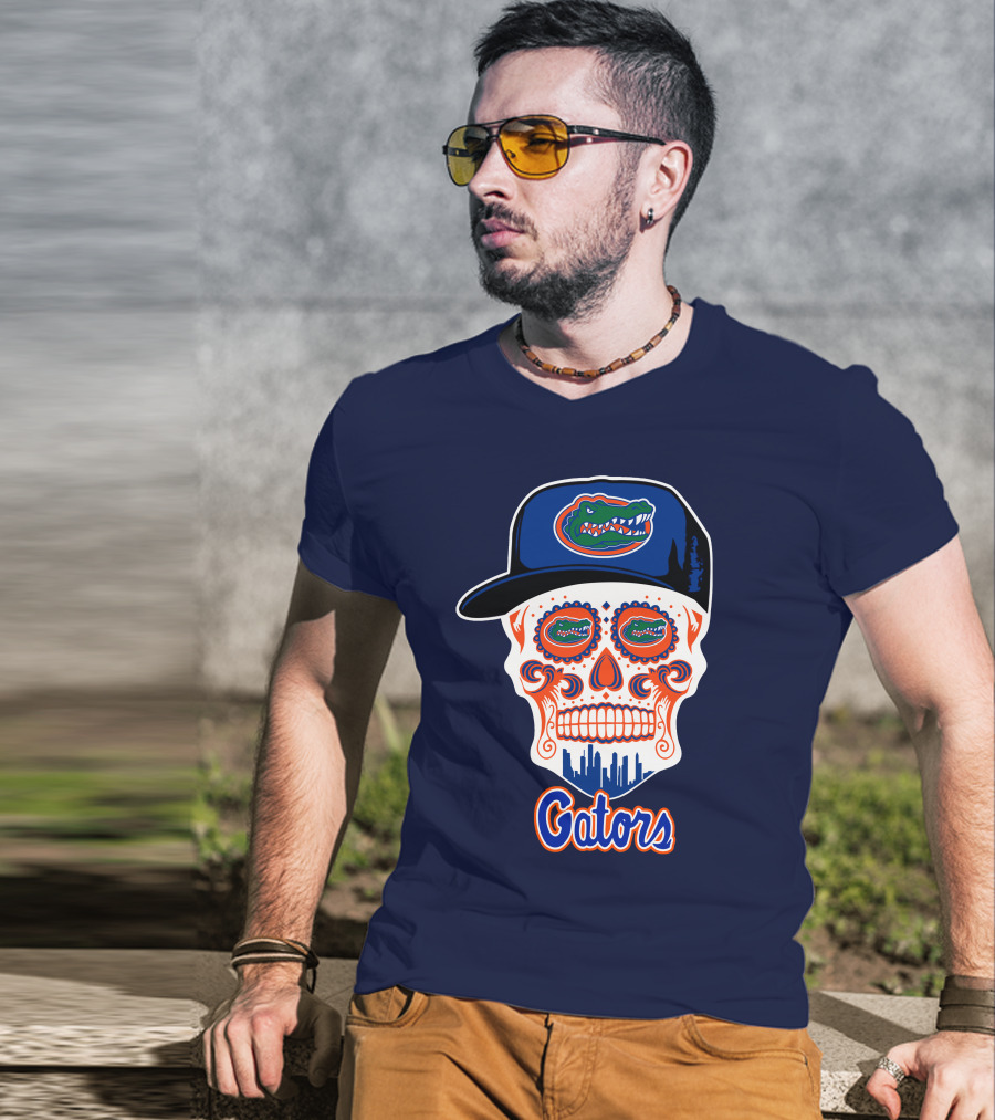 Florida Gators Skull With Alligator Logo And Hat Blue Orange T-Shirt