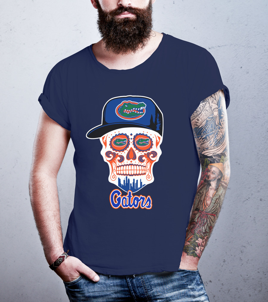 Florida Gators Skull With Alligator Logo And Hat Blue Orange T-Shirt