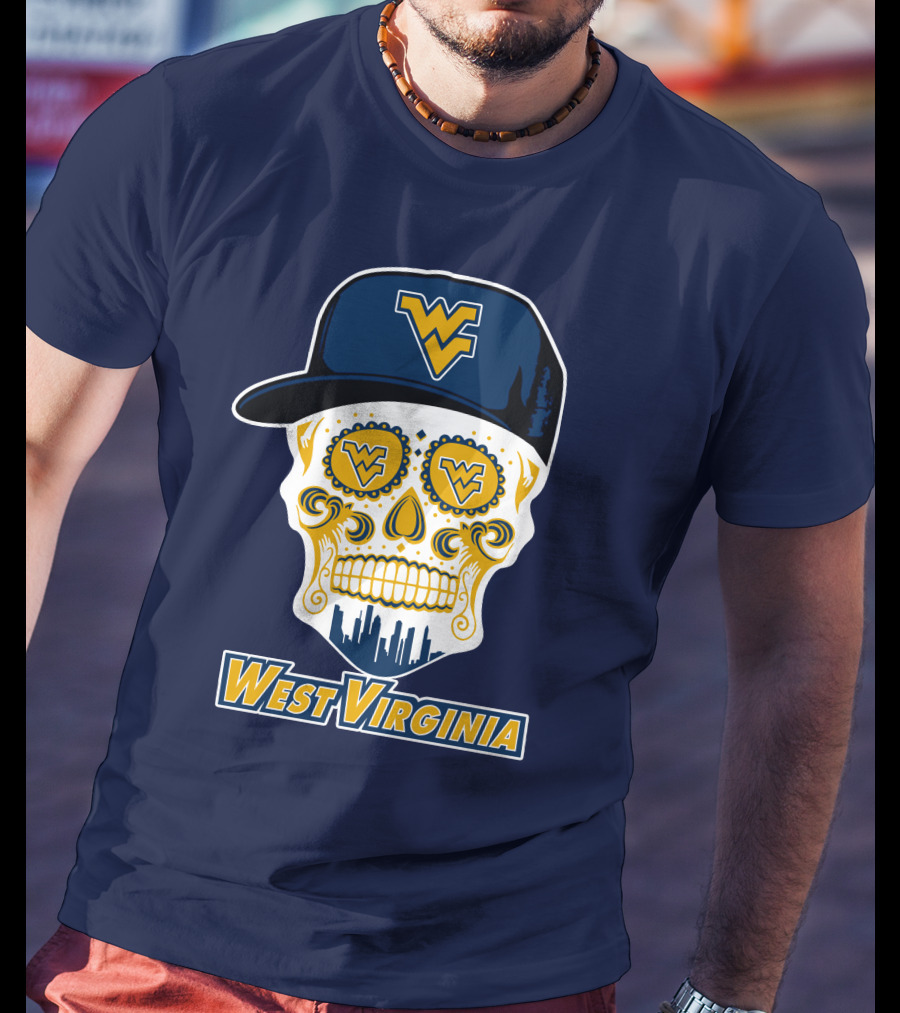 West Virginia Mountaineers Skull Design With Wv Cap And Skyline T-Shirt