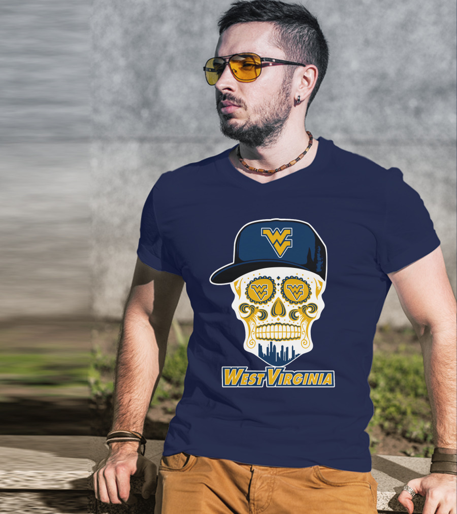 West Virginia Mountaineers Skull Design With Wv Cap And Skyline T-Shirt