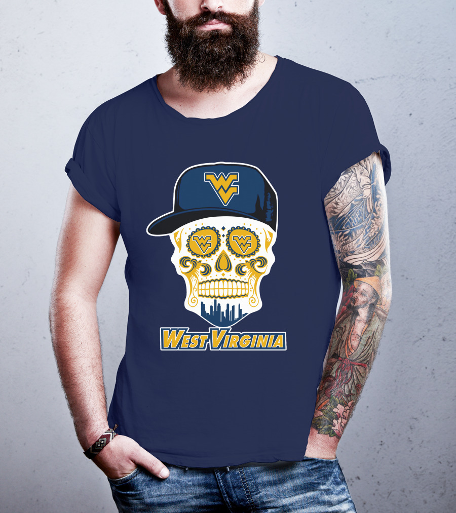 West Virginia Mountaineers Skull Design With Wv Cap And Skyline T-Shirt