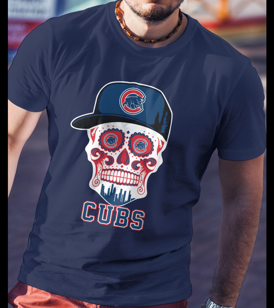Chicago Cubs Skull With Cap Cityscape Fun T-Shirt