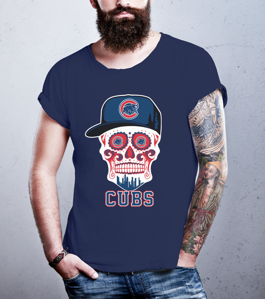 Chicago Cubs Skull With Cap Cityscape Fun T-Shirt