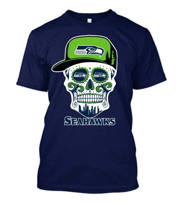 Seattle Seahawks Skull Art With Team Logo And Skyline T-Shirt