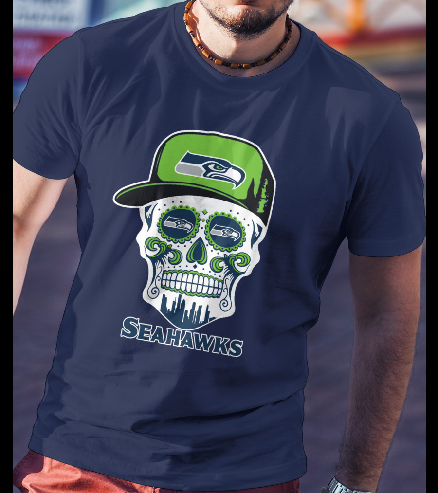 Seattle Seahawks Skull Art With Team Logo And Skyline T-Shirt