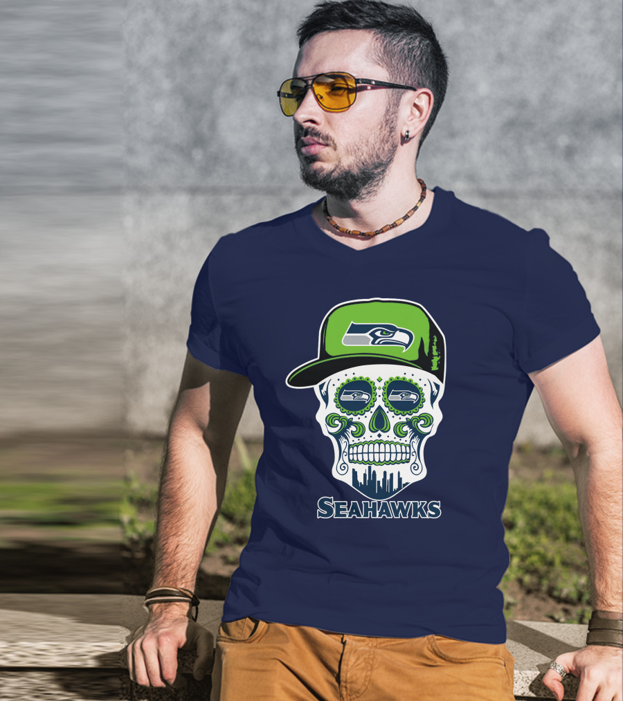 Seattle Seahawks Skull Art With Team Logo And Skyline T-Shirt