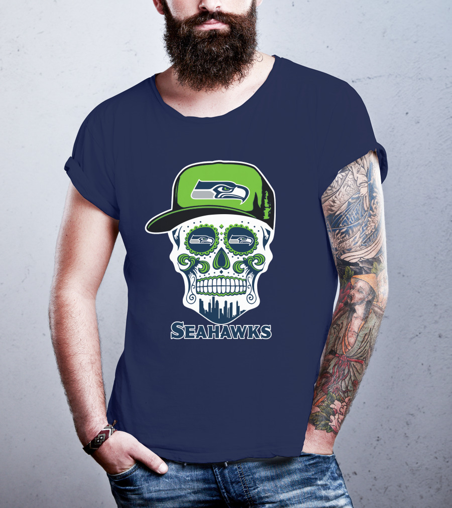 Seattle Seahawks Skull Art With Team Logo And Skyline T-Shirt