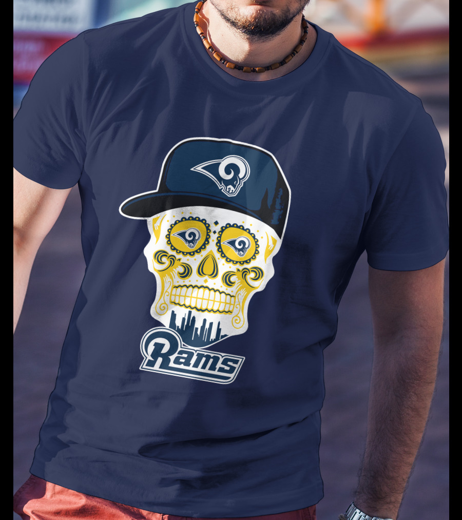 Los Angeles Rams Skull Iconic Rams Logo In Cap Funny T-Shirt