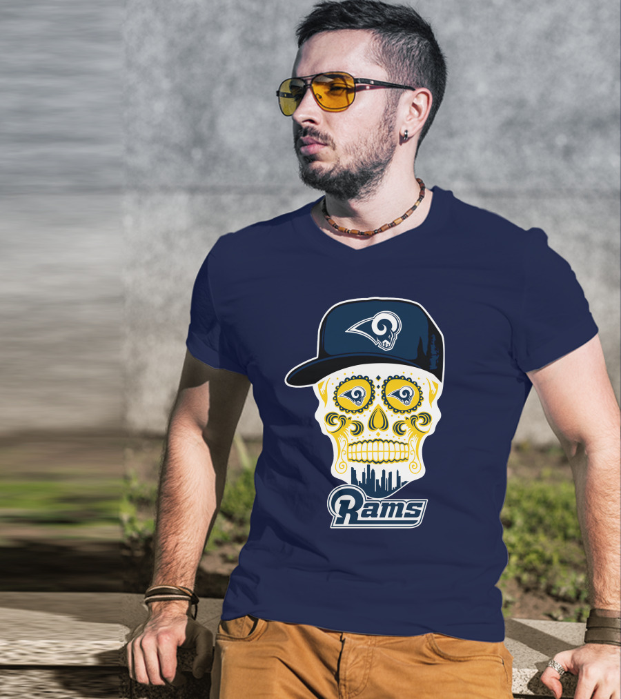 Los Angeles Rams Skull Iconic Rams Logo In Cap Funny T-Shirt