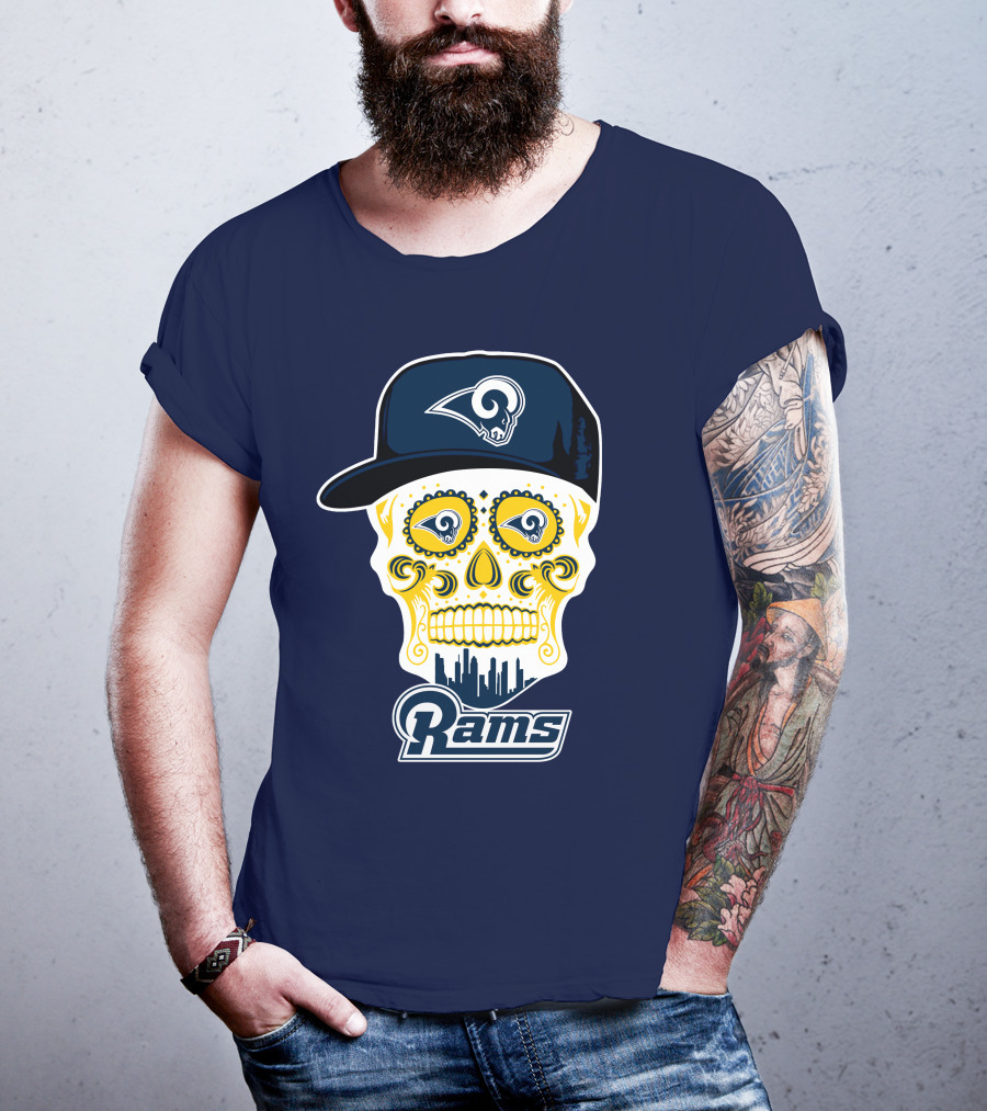 Los Angeles Rams Skull Iconic Rams Logo In Cap Funny T-Shirt