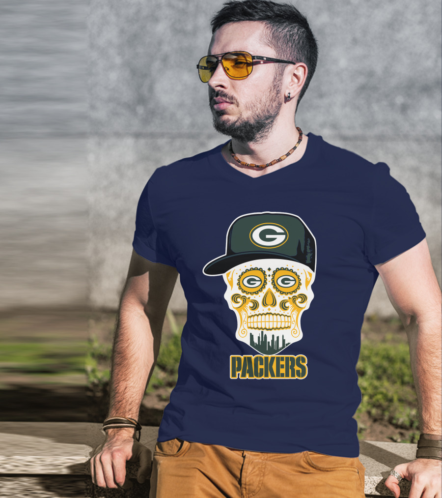 Green Bay Packers Skull Cityscape Hat T-Shirt