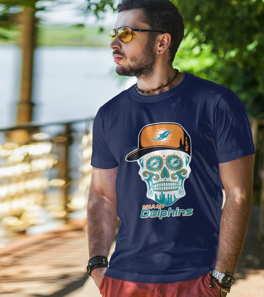 Miami Dolphins Sugar Skull Cap Art T-Shirt