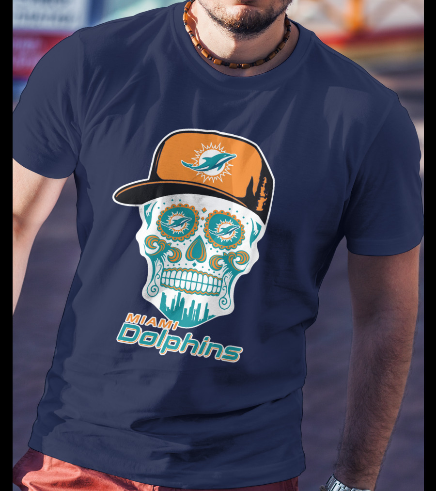Miami Dolphins Sugar Skull Cap Art T-Shirt