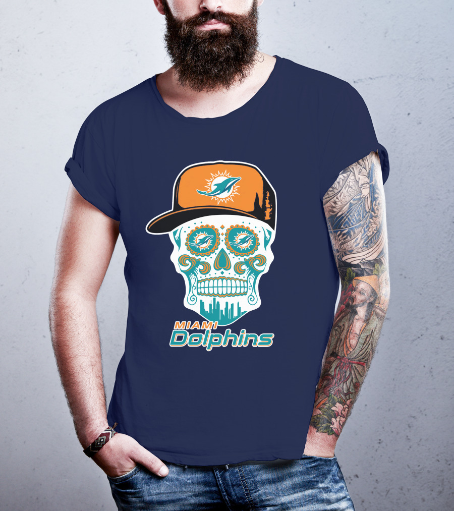Miami Dolphins Sugar Skull Cap Art T-Shirt
