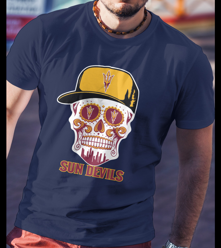 Sun Devils Sugar Skull With Arizona State Emblem Baseball Cap T-Shirt