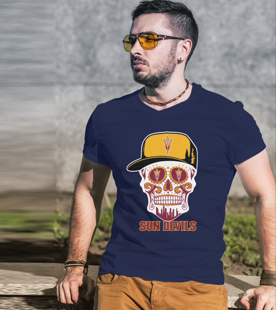 Sun Devils Sugar Skull With Arizona State Emblem Baseball Cap T-Shirt