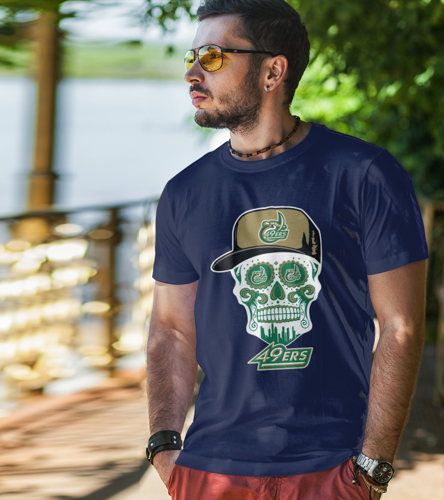 Charlotte 49ers Sugar Skull Green And Gold Logo With Hat T-Shirt