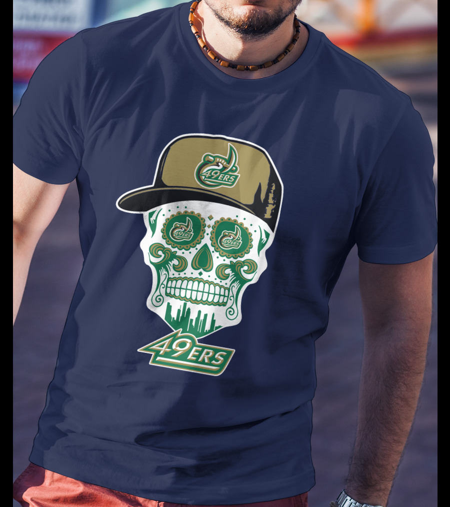 Charlotte 49ers Sugar Skull Green And Gold Logo With Hat T-Shirt