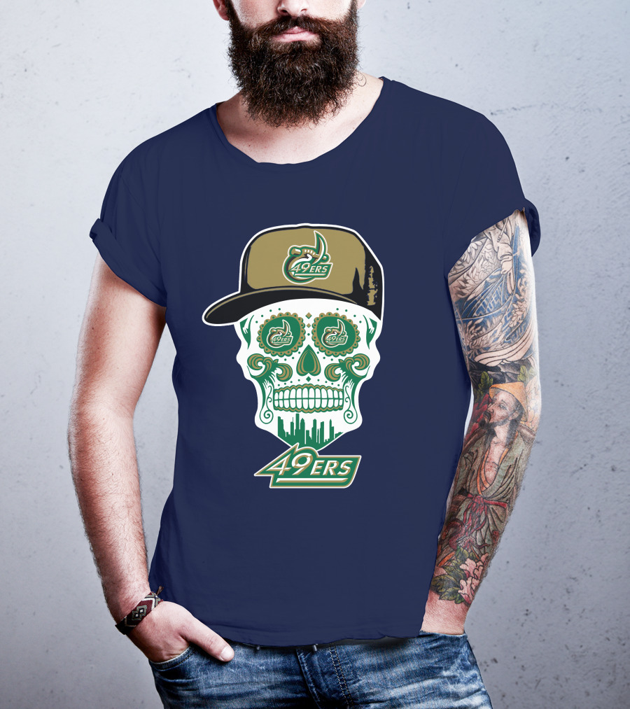 Charlotte 49ers Sugar Skull Green And Gold Logo With Hat T-Shirt