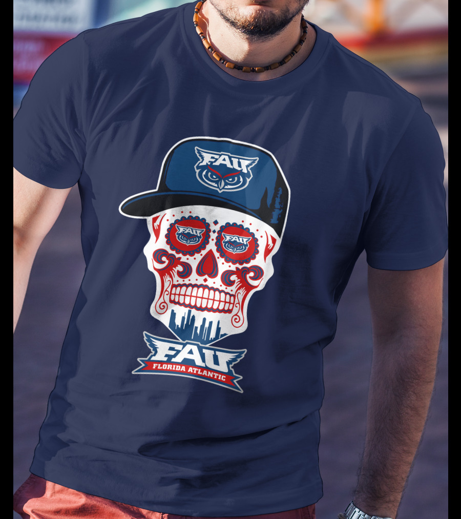 Fau Florida Atlantic Owls Sugar Skull With Cap T-Shirt