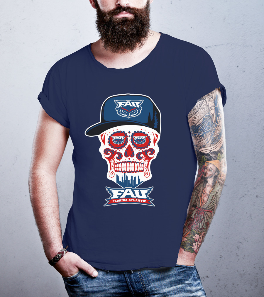 Fau Florida Atlantic Owls Sugar Skull With Cap T-Shirt