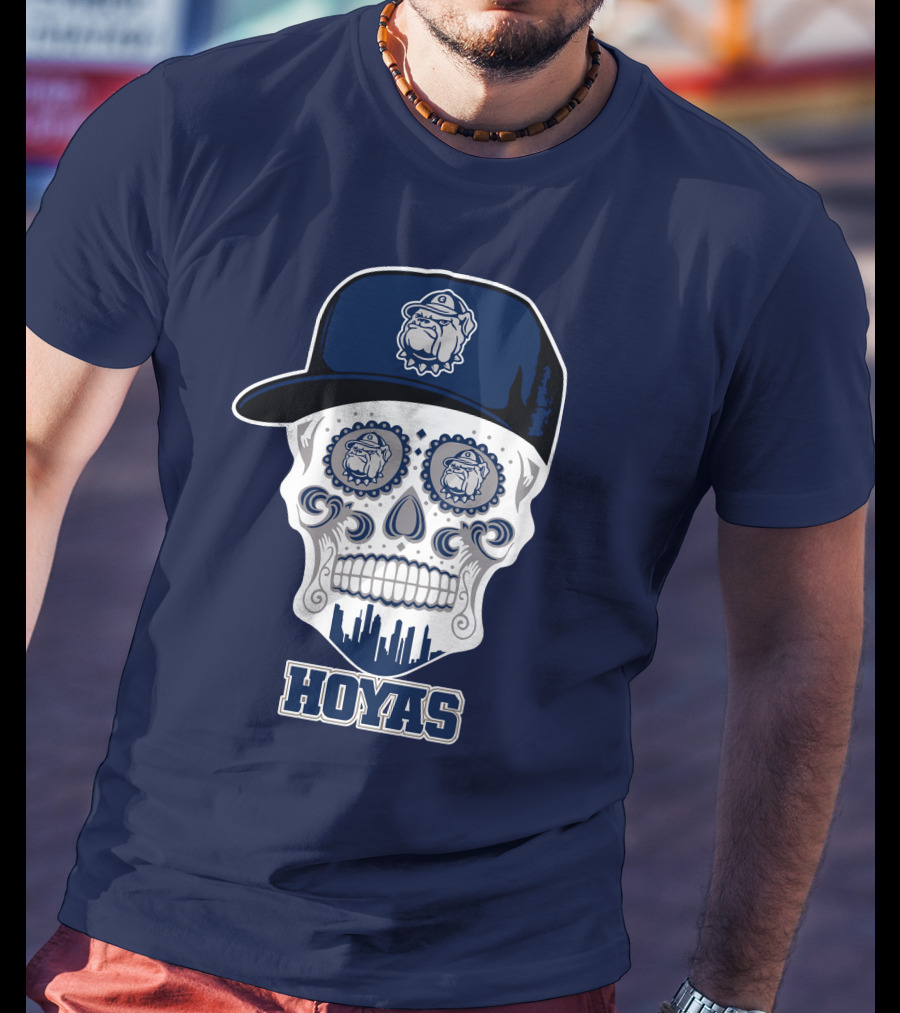 Georgetown Hoyas Skull With Bulldog Hat And Skyline T-Shirt