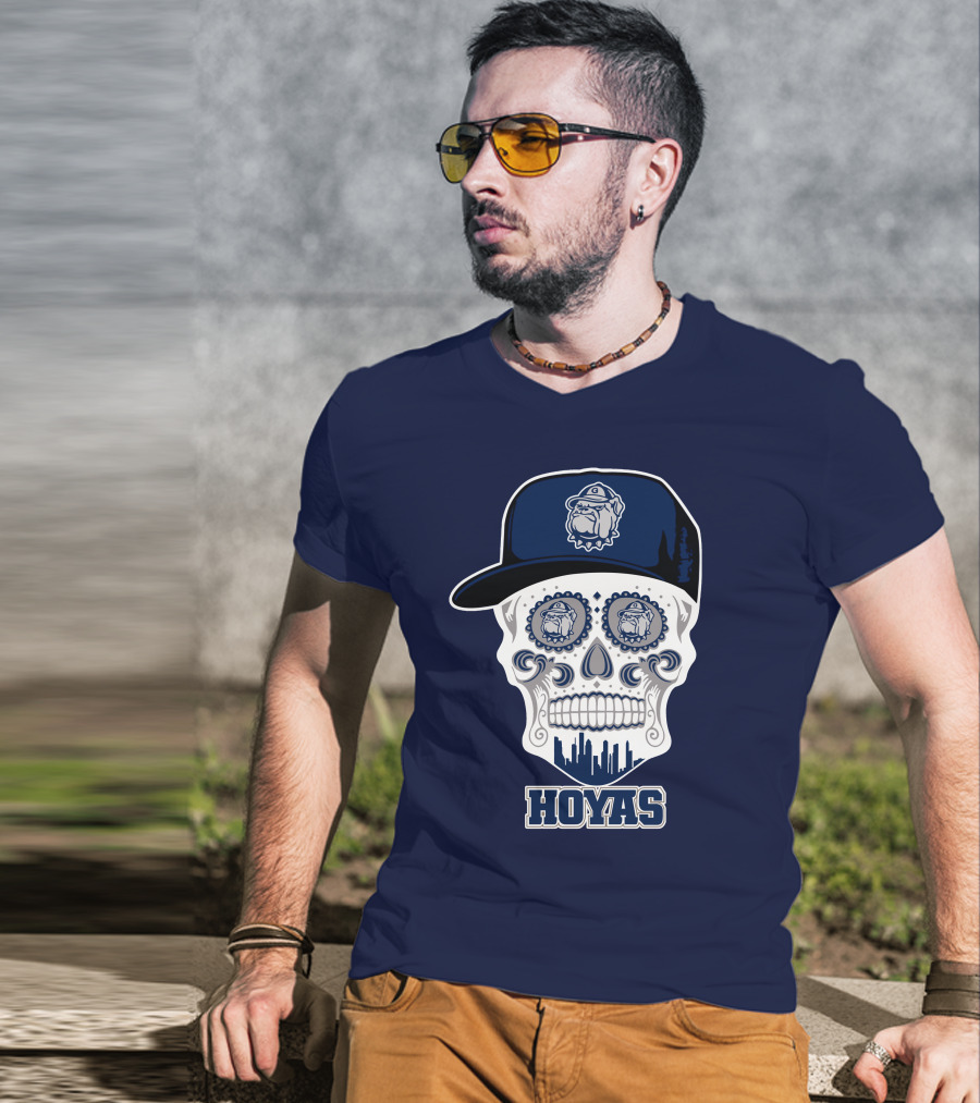 Georgetown Hoyas Skull With Bulldog Hat And Skyline T-Shirt