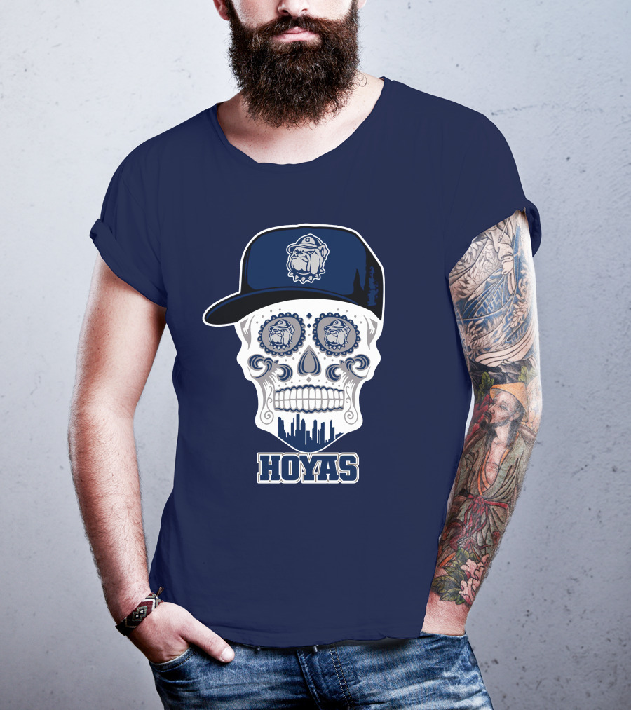 Georgetown Hoyas Skull With Bulldog Hat And Skyline T-Shirt