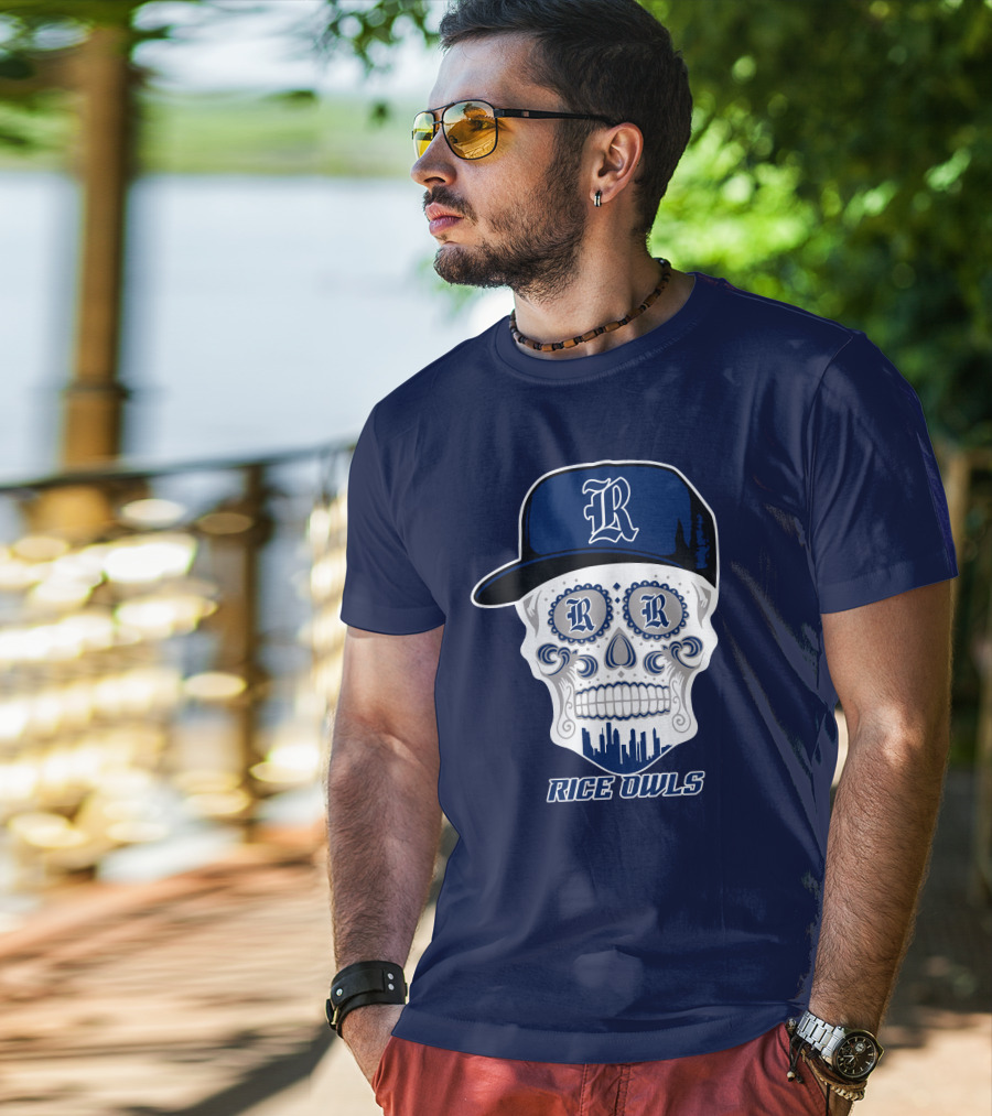 Rice Owls Skull With Cap And City Skyline T-Shirt