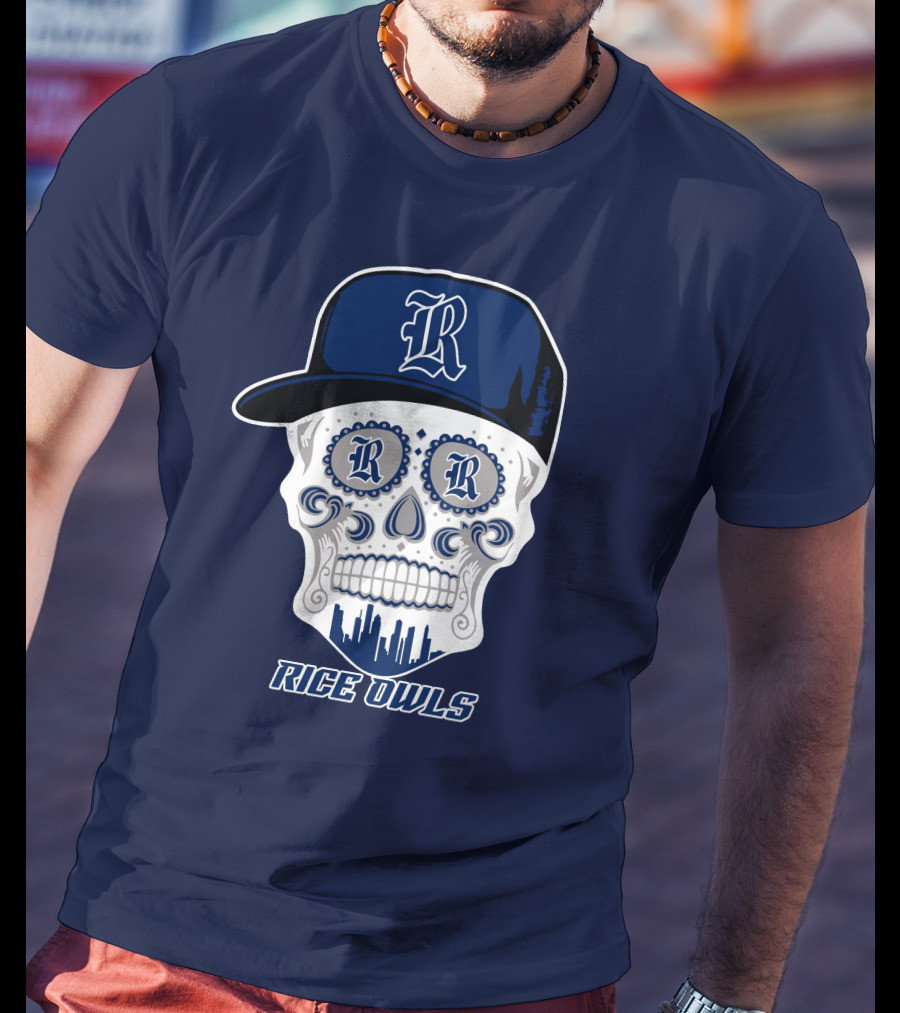 Rice Owls Skull With Cap And City Skyline T-Shirt