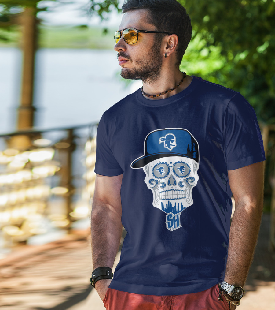 Seton Hall Pirates Sugar Skull Design With Pirate Cap And Sh T-Shirt