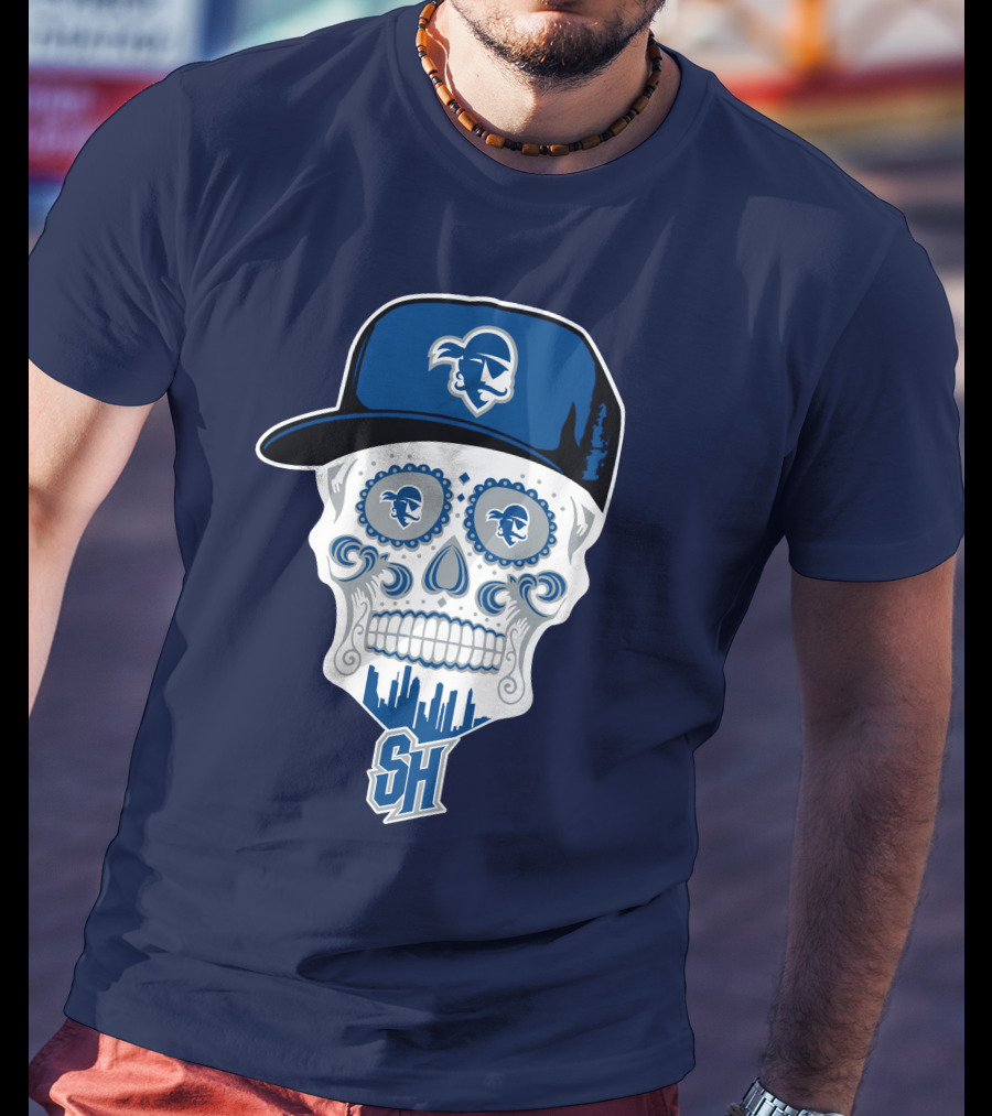 Seton Hall Pirates Sugar Skull Design With Pirate Cap And Sh T-Shirt