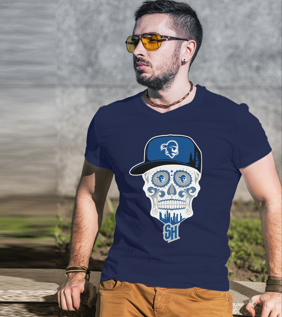 Seton Hall Pirates Sugar Skull Design With Pirate Cap And Sh T-Shirt