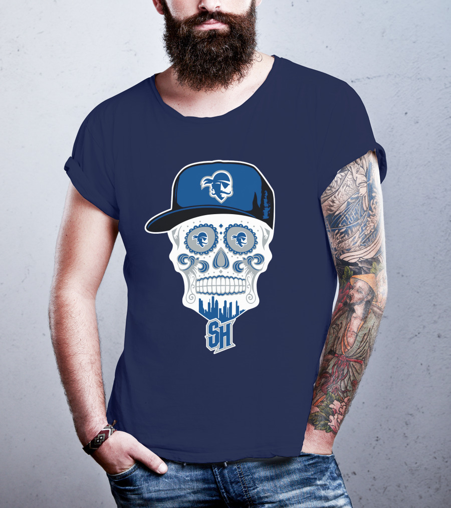 Seton Hall Pirates Sugar Skull Design With Pirate Cap And Sh T-Shirt