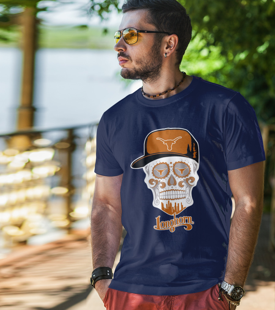 Longhorns Skull With Texas Longhorns Cap And Austin Skyline T-Shirt
