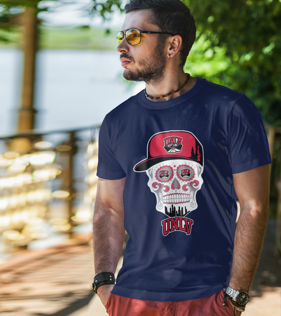 Unlv Rebels Skull With Cap Design Featuring Mascot Logo And Skyline T-Shirt