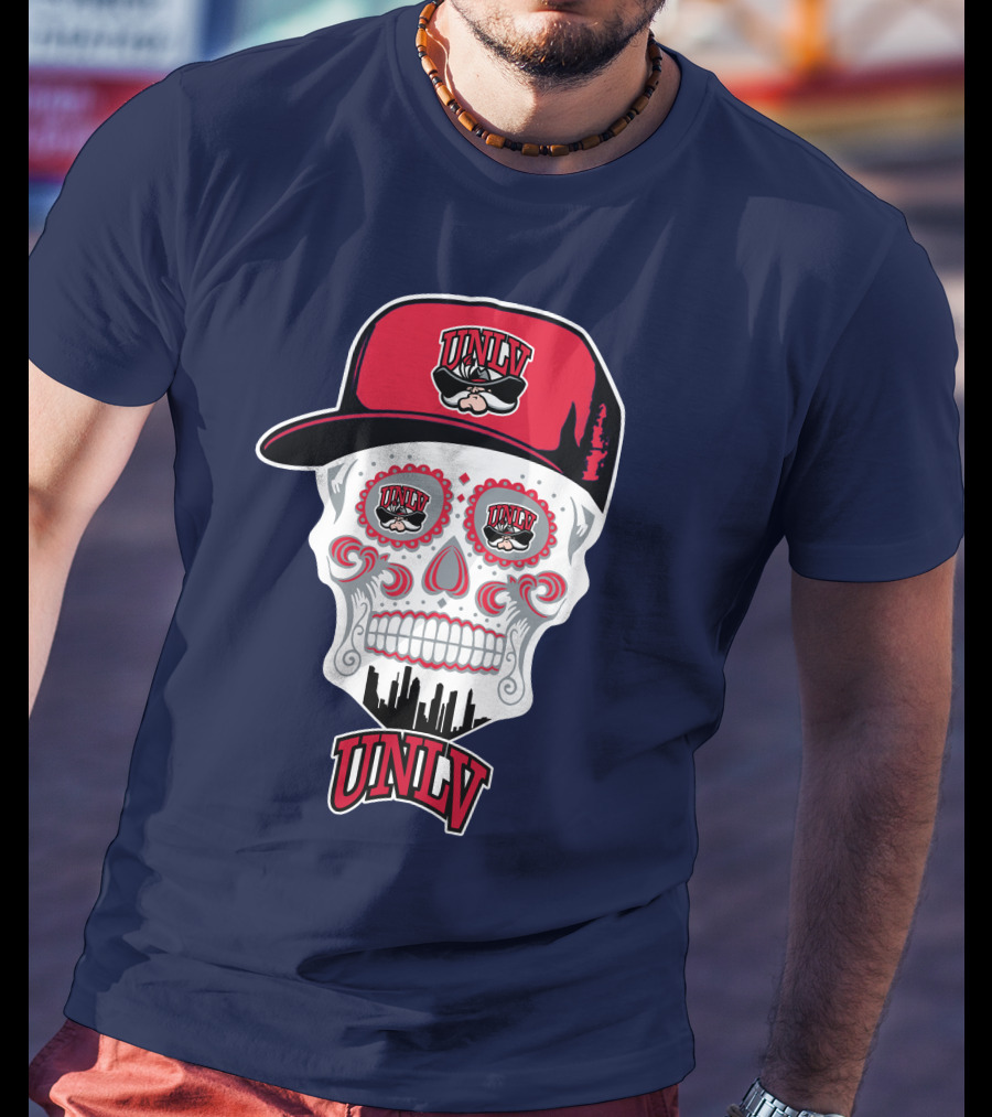 Unlv Rebels Skull With Cap Design Featuring Mascot Logo And Skyline T-Shirt