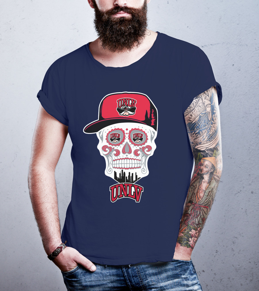 Unlv Rebels Skull With Cap Design Featuring Mascot Logo And Skyline T-Shirt