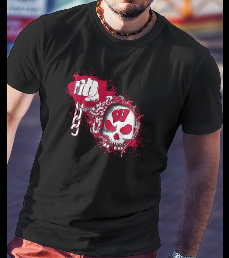W Skull And Fist With Chain Red And White T-Shirt