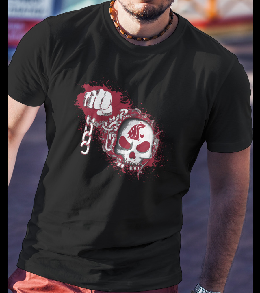 Skull And Fist Chains With Washington State Cougars T-Shirt