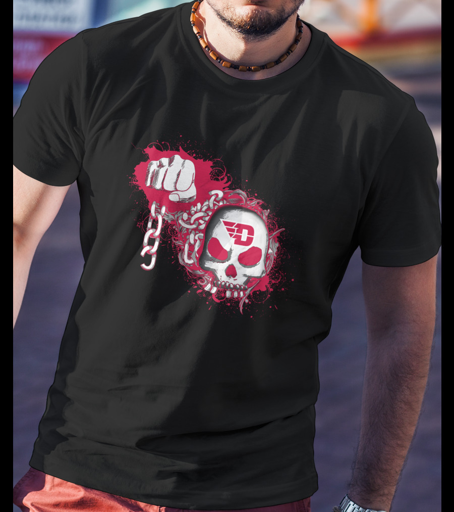 Dayton Flyers Skull Fist Chains Red Black T-Shirt